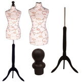 Display Guru Female Uk Size 12/14 Dressmakers Tailors Dummy Mannequin, Brown Flower on Cream Torso Bust With Black Wood Tripod Stand